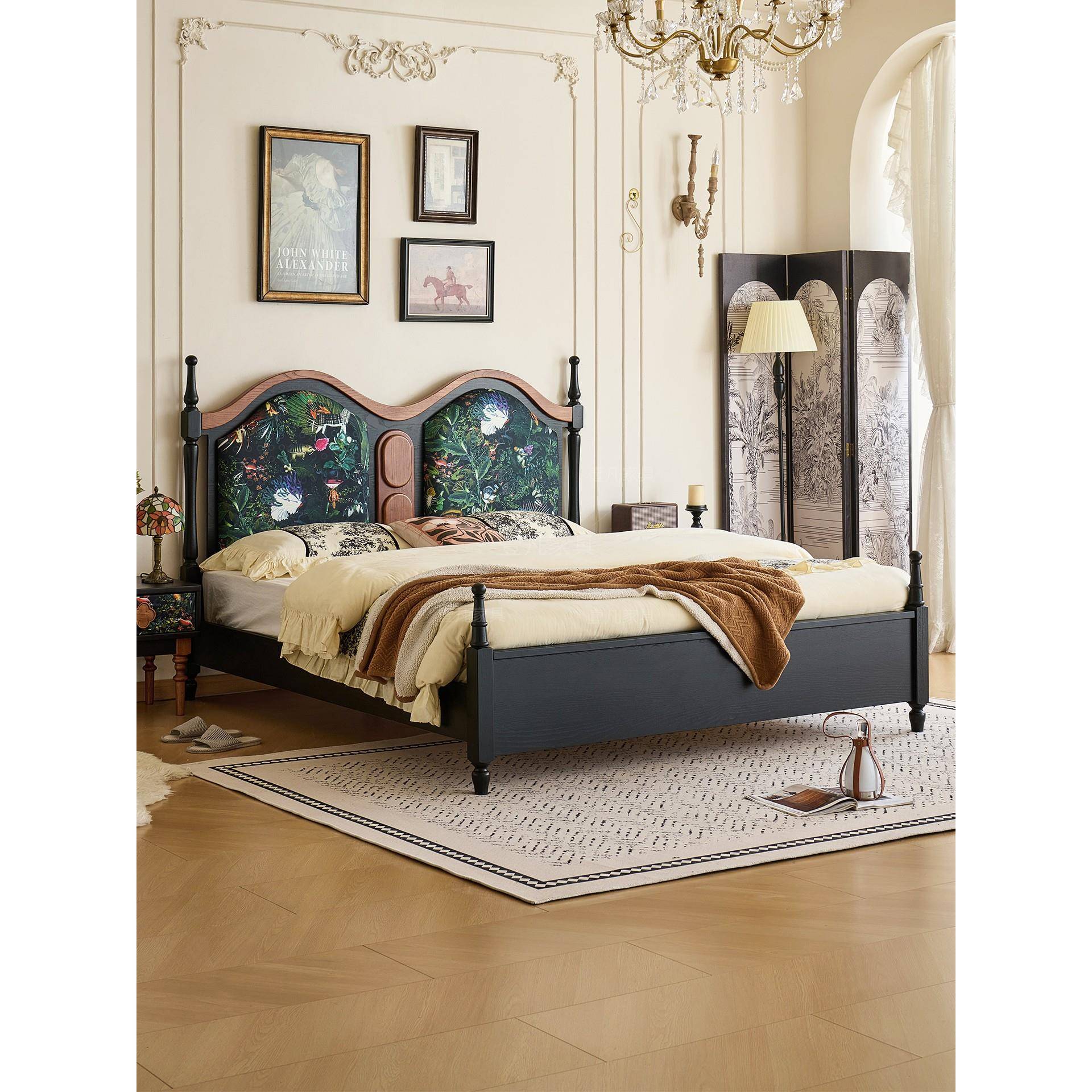 法式覆古实木床1.8米彩虹桥床主卧双人床1.5米中古风白蜡木婚床