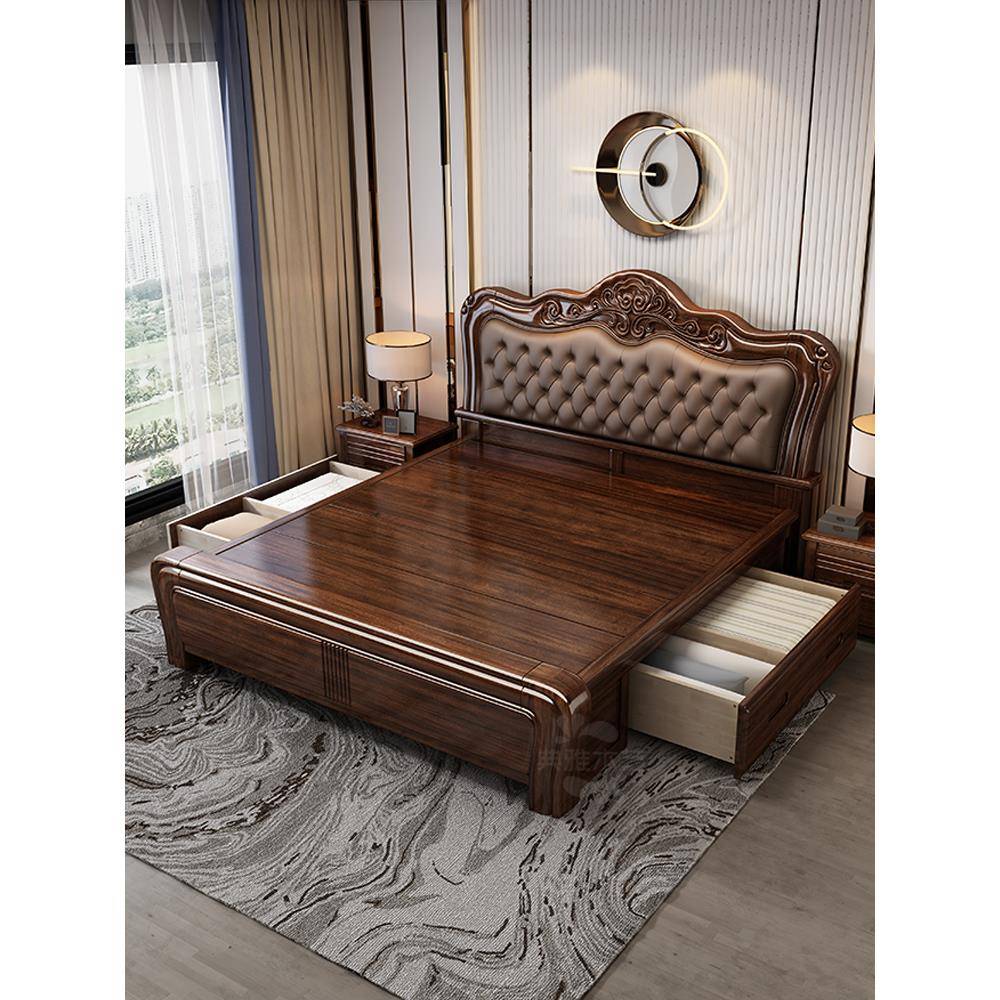 金丝檀木实木床150x200新款高端大气1米8高箱储物美式真皮双人床