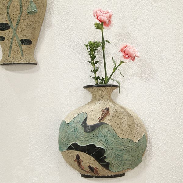 中式立体浮雕荷花壁式花插花瓶玄关画挂件客厅背景墙挂画装饰画图片
