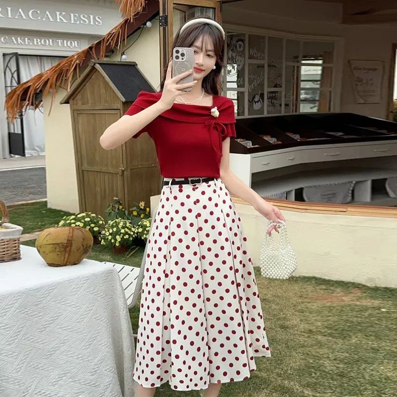 淑女2025夏季新款短袖上衣套装女时尚气质印花波点半身裙两件套