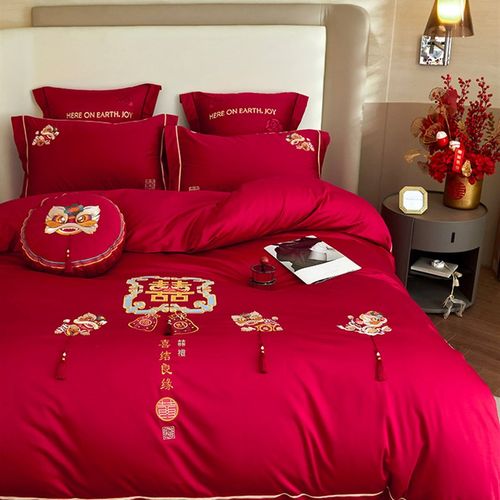 优选恒洽家纺浪漫婚庆全棉牀单款四件套100S刺绣结婚中式被套牀上
