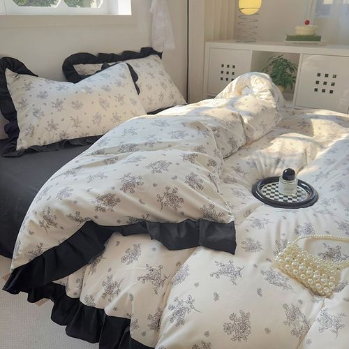 优选法式赫本风黑色花边素描水洗棉床上四件套床单被套学生宿舍三