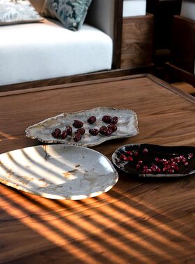 轻奢现代创意装饰盘木化石果盘家用玄关创意钥匙收纳Y欧式茶几摆