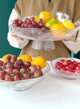 轻奢家用金边果盘家用条纹创意高脚玻璃盘甜品Q干果零食托盘果篮