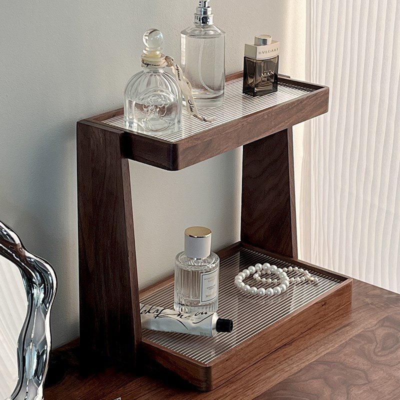 素风黑胡桃实木桌面化妆品收纳盒高级感多层杯架梳妆台香水置物架