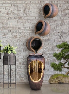 现代中式陶罐挂墙流水造景组合摆件玄关阳台户外庭院创意鱼池装饰