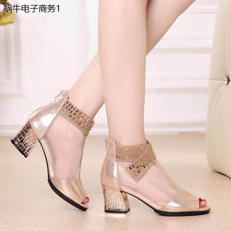 2023夏季新款女式广场舞鞋蕾丝网纱中跟舞蹈鞋鱼嘴凉鞋软底跳舞鞋