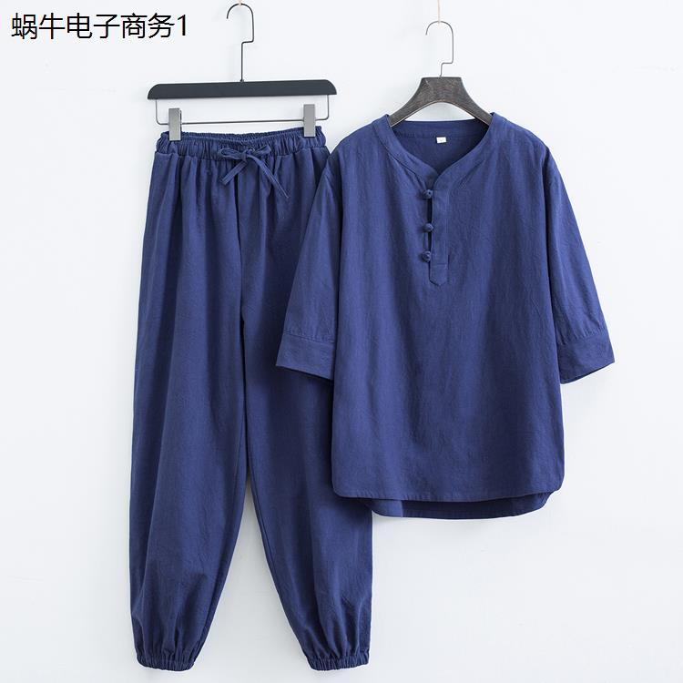 中国风亚麻短袖男t恤套装