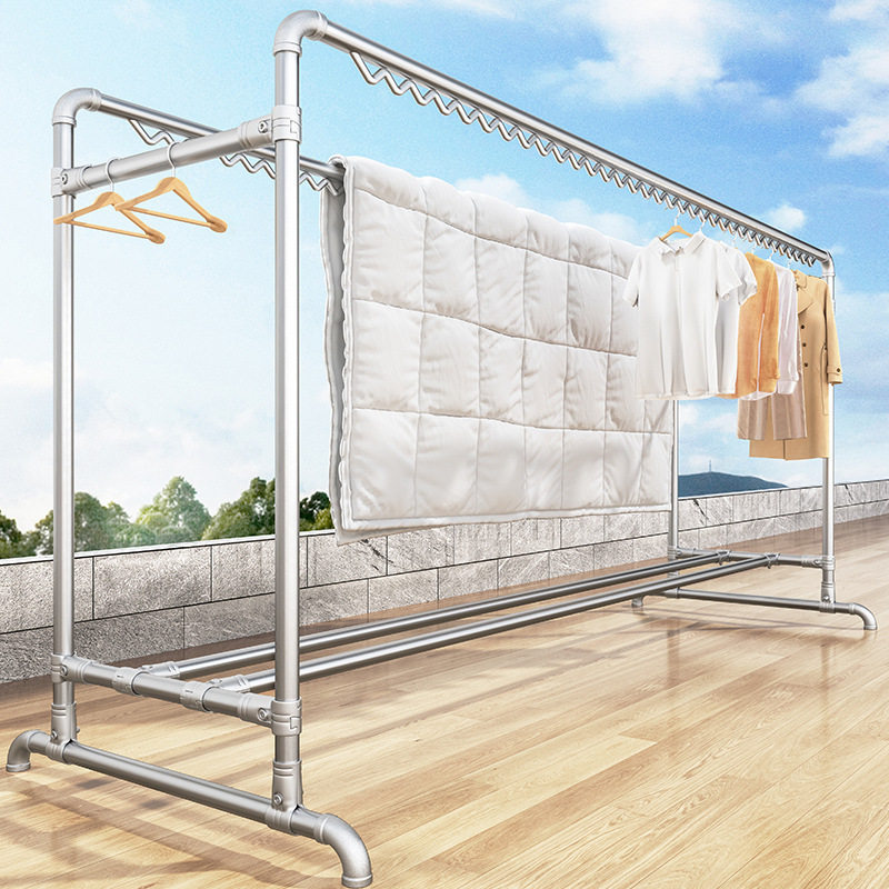 镀锌钢管晾衣架落地家用阳台挂衣户外室外简易双杆水管凉衣晒彭锐