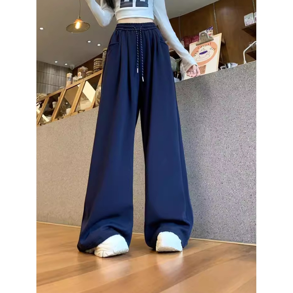 阔腿大码松紧腰休闲裤女秋冬季高腰慵懒风松弛感直筒宽松阔腿长裤