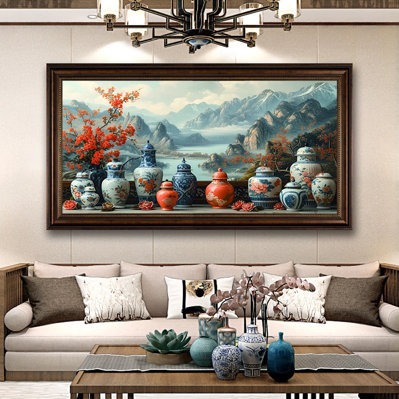 花开富贵装饰画客厅沙发背景墙挂画复古青花瓷山水油画大气壁画图片