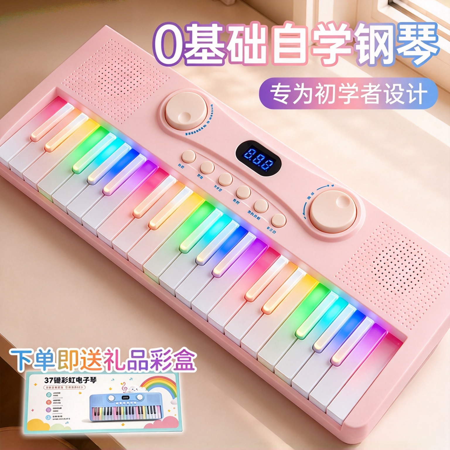 彩虹电子琴37键生日礼物儿童初学男孩女孩玩具乐器启蒙礼盒装钢琴