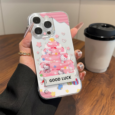 VIVOX300积雪粉色圣诞树kt猫iPhone16少女心适用17硬15plus手机壳带支架苹果13可爱无边框14ProMax超薄12透明