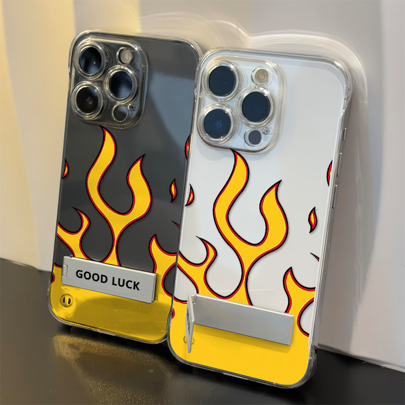 iPhone15无边框苹果13p高级感华为Mate70创意火焰12透明硬16plus适用超薄14ProMax手机壳带支架OPPOA5PRO小众