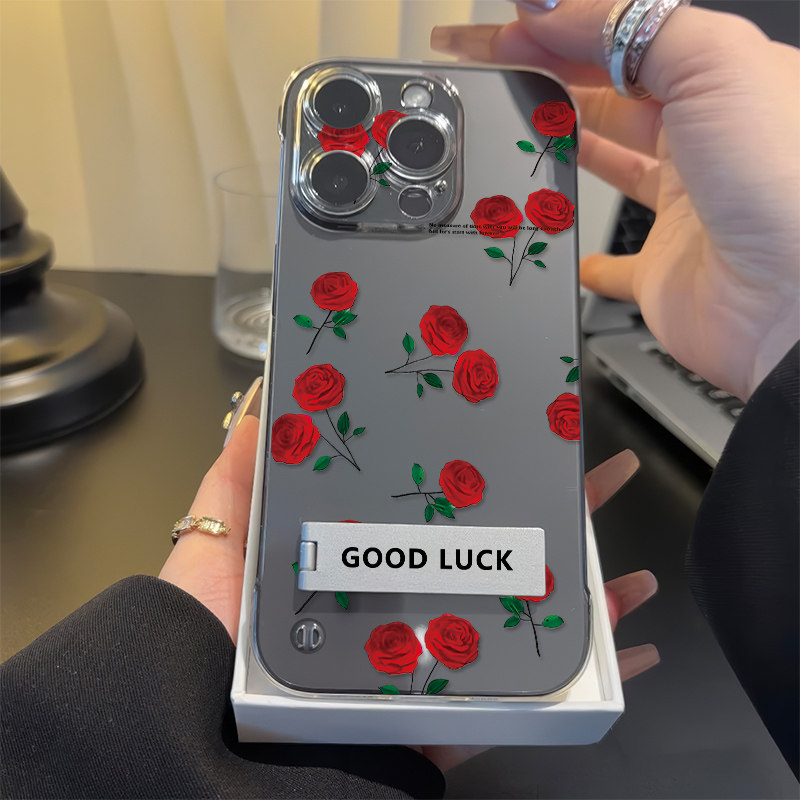 OPPOFindx8ins风玫瑰花iPhone15plus适用14无边框苹果13高级感16ProMax手机壳带支架12透明硬VIVOx90超薄女款