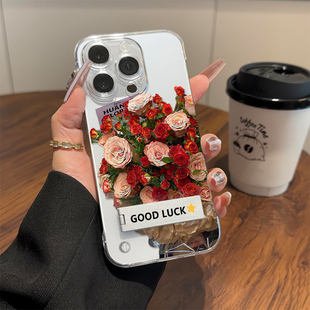 ins风花朵透明16plus高级感iPhone13手机壳带支架苹果15无边框硬14适用12ProMax小清新S19PRO超薄新款红米k80