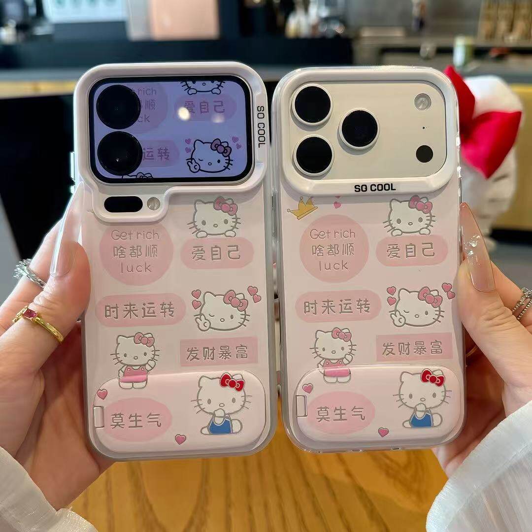 苹果13彩银15plus手机壳带镜子支架VIVOx200s小米17ULTRA硬iPhone16爱自己凯蒂猫华为NOVA14卡通适用12ProMax