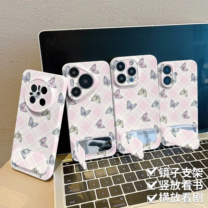 苹果13格纹艺术蝴蝶12ProMax手机壳硬高颜值iPhone16少女心15plus菲林14带镜子支架荣耀400ins风a5红米TURBO4