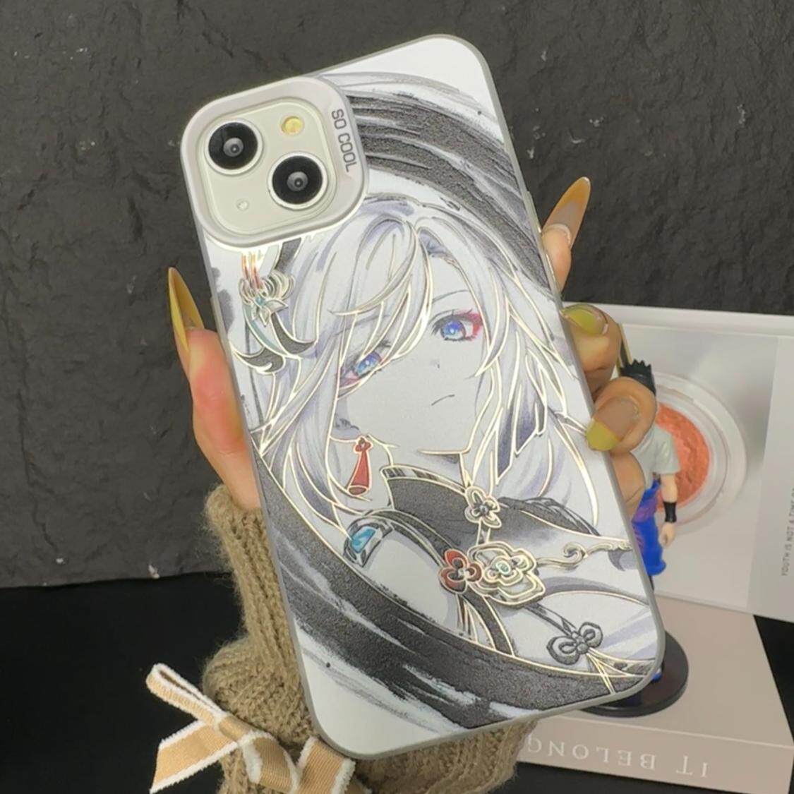 iPhone15适用红米TURBO4苹果12高级感16彩银VIVOX200手机壳iQOOZ9X硬小米14ULTRA水墨申鹤13ProMax华为MATE70