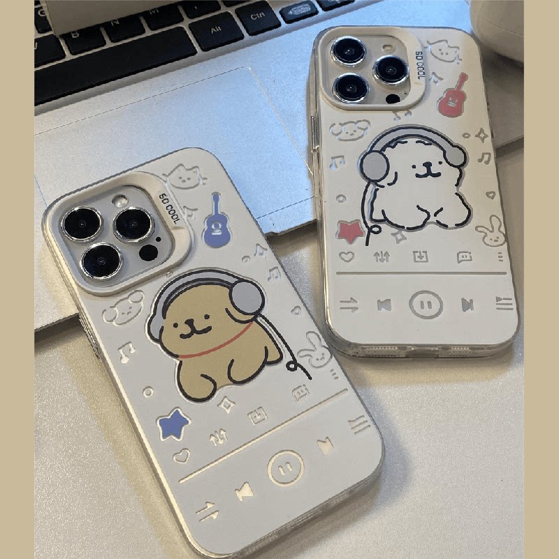 耳机情侣小狗iPhone17苹果16卡通红米NOTE15创意彩银12ProMax硬适用14PLUS高级感手机壳一加13T可爱OPPOA6PRO