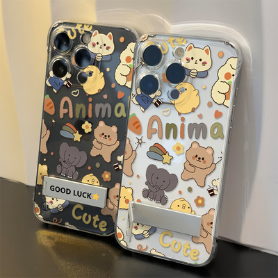 苹果12ProMax无边框硬iQOOz9花朵小熊15可爱iPhone16手机壳带支架14plus适用s20超薄x透明13高级感荣耀MAGIC7