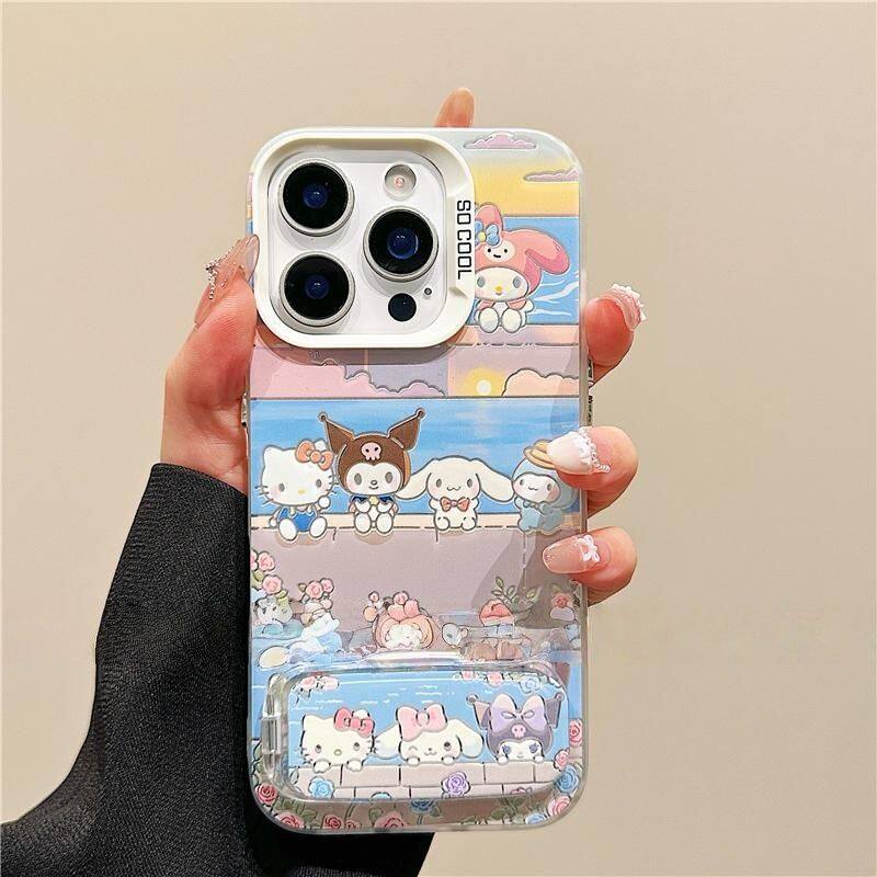 落日凯蒂猫iPhone15彩银手机壳带镜子支架12卡通荣耀500苹果17硬16ProMax适用14PLUS华为Nova13可爱OPPOA6PRO