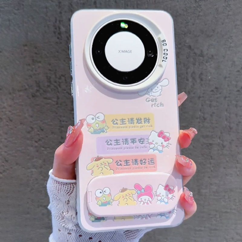 kt猫公主请发财OPPOFindx8少女心iPhone13彩银12适用14高级感VIVOx200苹果16ProMax带镜面支架15plus手机壳硬