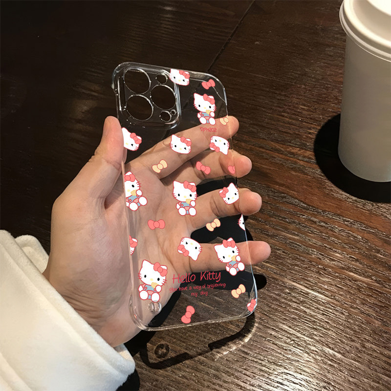 蝴蝶结kt猫iPhone14无边框苹果13高级感12少女心16plus适用手机壳带支架15ProMax透明硬OPPOFindx7超薄a3卡通