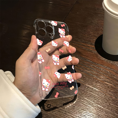 蝴蝶结kt猫iPhone14无边框苹果13高级感12少女心16plus适用手机壳带支架15ProMax透明硬OPPOFindx7超薄a3卡通