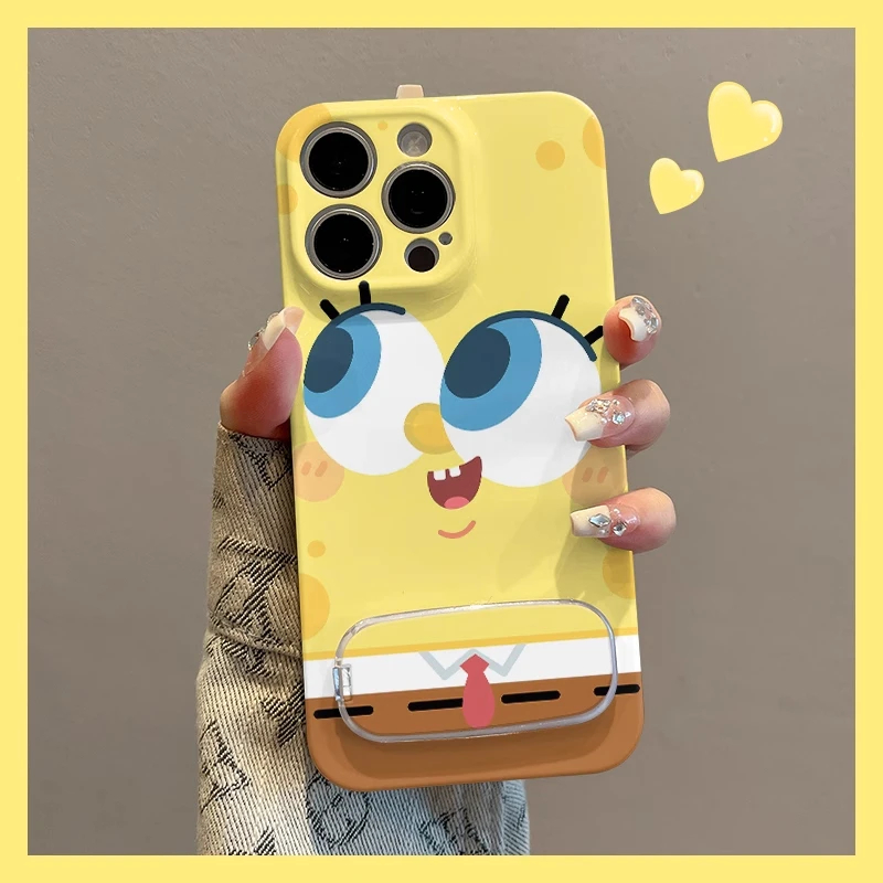 iPhone16ProMax卡通15plus手机壳硬一加ACE5少女心菲林红米note14华为NOVA13大眼睛海绵宝宝带镜面支架苹果12