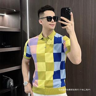 男修身 短袖 翻领格子拼接Polo衫 商务休闲T恤男士 夏季 欧货时尚 新款