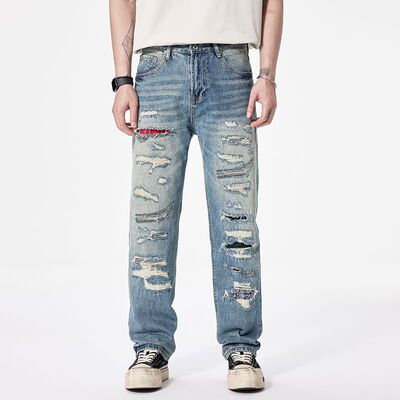 巴黎风破洞牛仔裤男美式复古