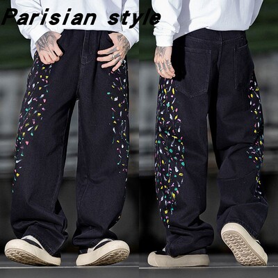 巴黎风美式高街潮牌泼墨牛仔裤