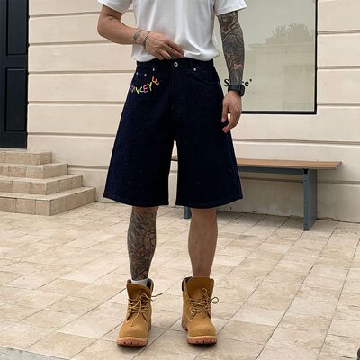美式复古刺绣满天星牛仔短裤男