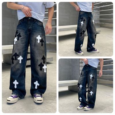 美式高街做旧十字架男宽松牛仔裤