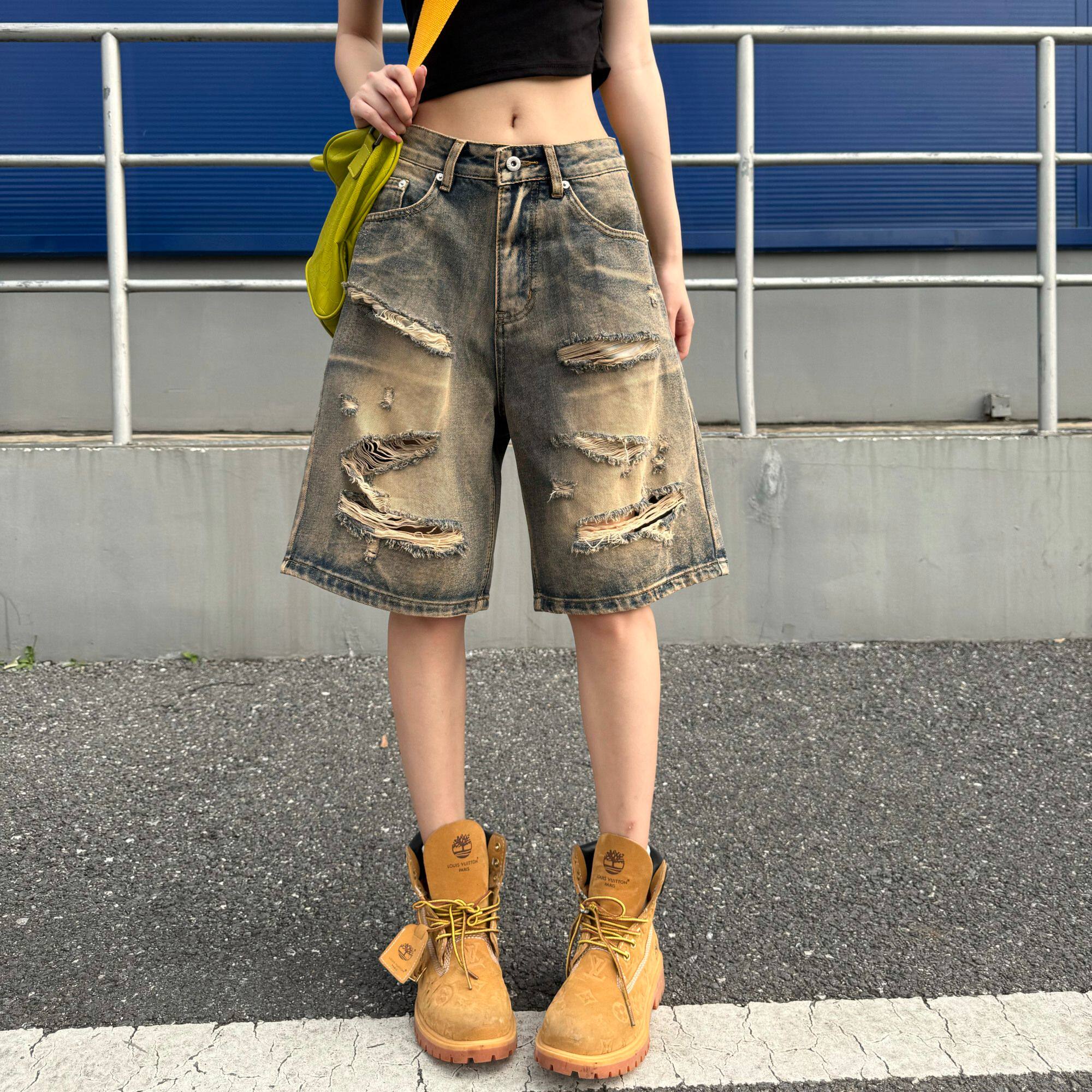 巴黎风美式街头破洞牛仔短裤男女款夏季宽松做旧五分裤潮流短裤