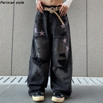 巴黎风美式复古星星贴皮牛仔裤