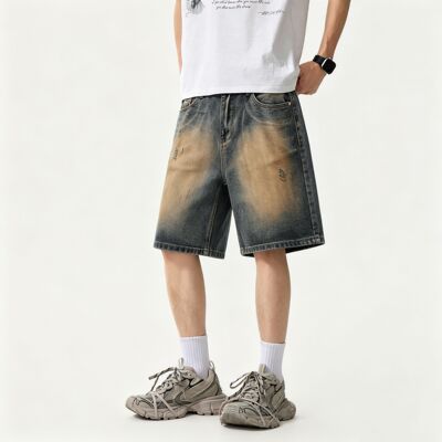 巴黎风复古水洗破洞牛仔短裤男