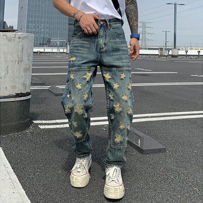 巴黎风破洞牛仔裤男美式复古