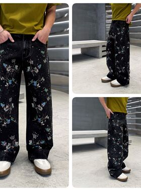 美式高街复古刺绣花卉烫钻牛仔裤男宽松直筒阔腿裤黑色水洗长裤