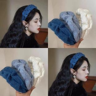 复古克莱因蓝毛线发箍女秋冬气质宽边头箍洗脸发卡D3