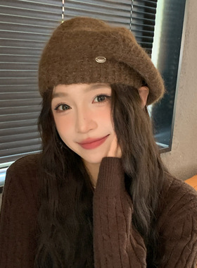 [屋顶的猫]韩系贝雷帽女2025新款大头围显脸小针织毛线帽子画家帽