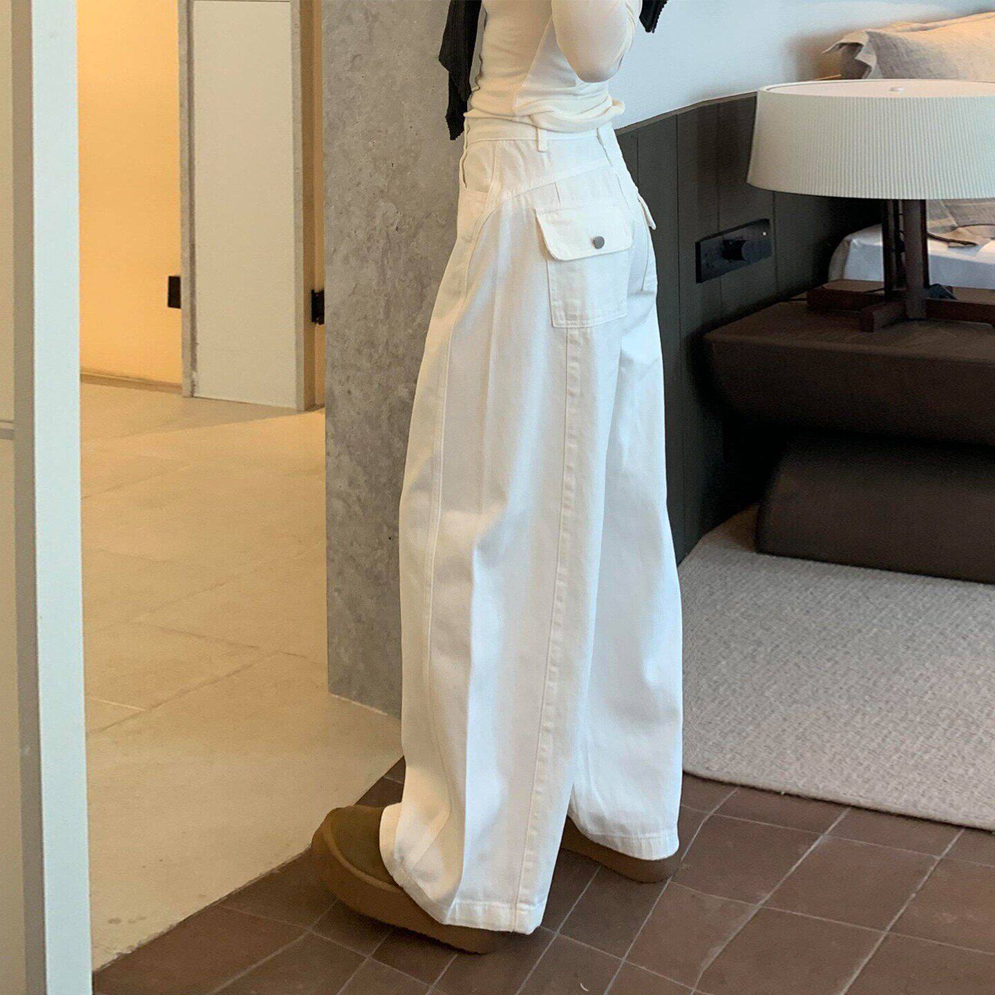 白色弯刀牛仔裤女夏季新款阔腿裤