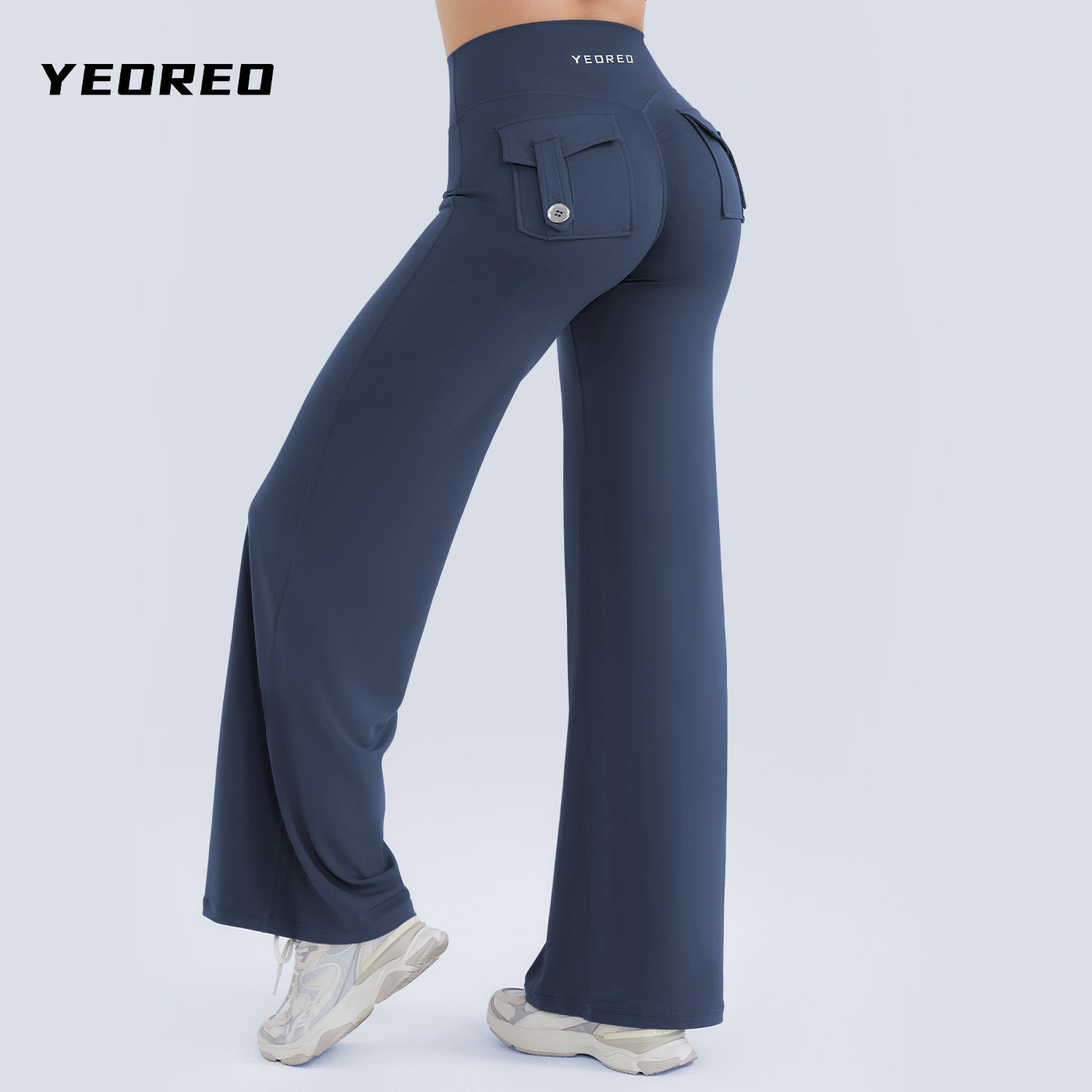 YEOREO口袋直筒裤高腰舒适显臀秋冬季瑜伽运动裤日常阔腿裤长裤