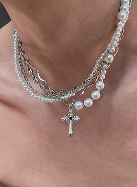 ACC 美式嘻哈潮十字架多层珍珠项炼小众设计高级感轻奢男女吊坠