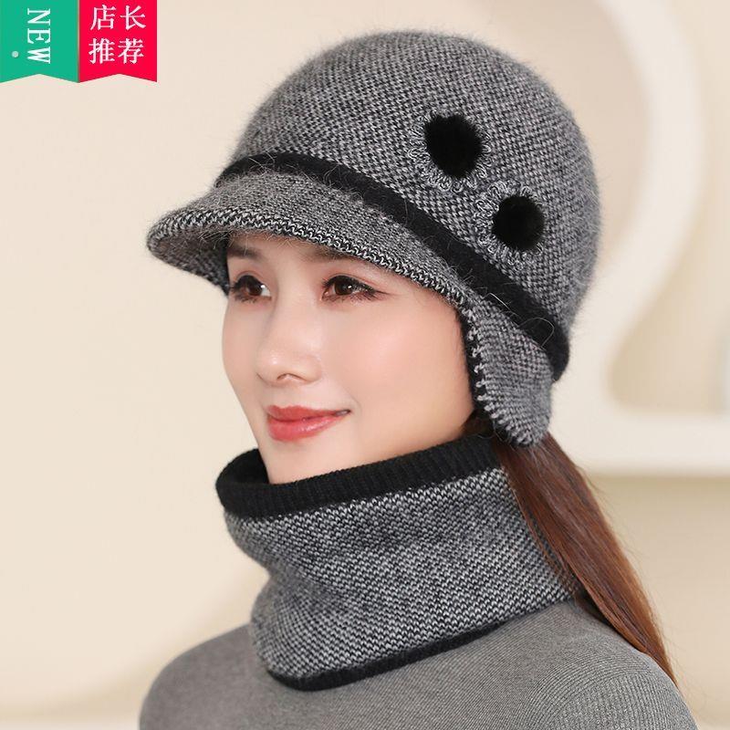冬季加厚针织帽冬天女鸭舌毛线帽中老年人帽子女妈妈骑车保暖围脖