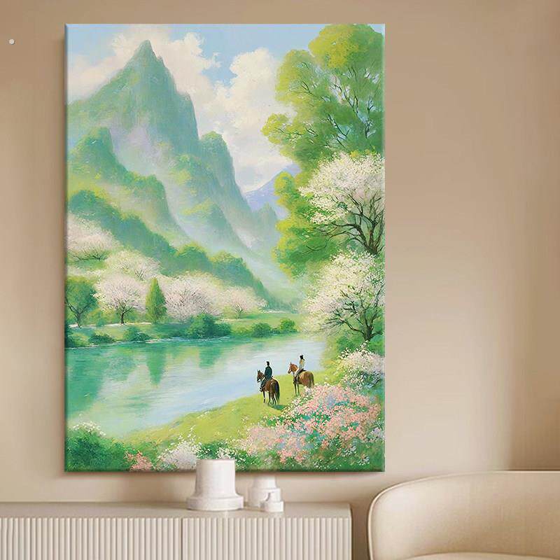 新中式千里江山图客厅装饰画绿色山水书房玄关正对门挂画手绘油画