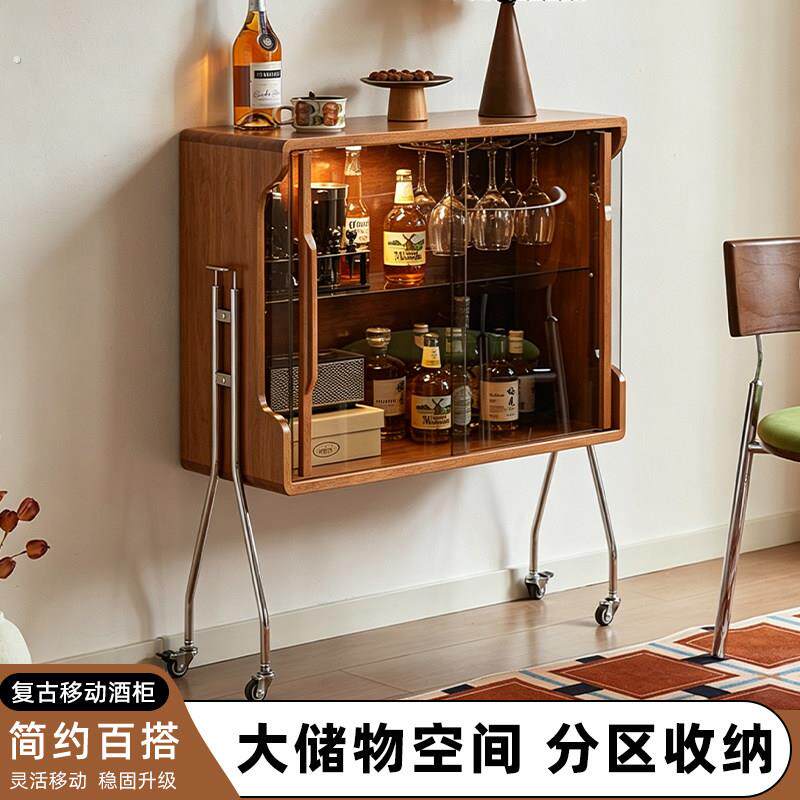新款可移动中古风酒柜客厅玻璃实木置物柜展示收纳餐边柜陈列柜