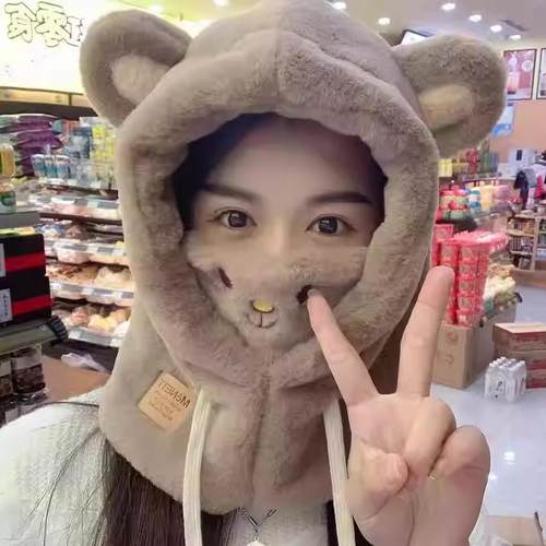 户外骑行帽子围巾一体女2025新款秋冬天保暖加绒防寒毛绒口罩围脖