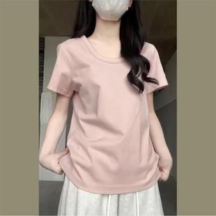 T恤女正肩慵懶半袖 2025新款 夏季 粉色U領(lǐng)休閑百搭寬松短袖 T恤上衣